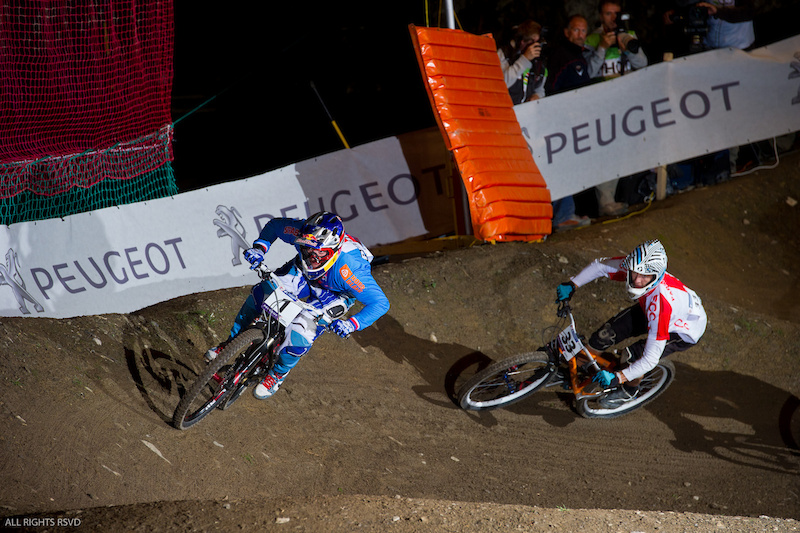 Michal Prokop easily won round one. Not so the final--he was the first out the tangle that happened in the first turn and had not only crooked handlebars but a broken shifter. One gear for the win.