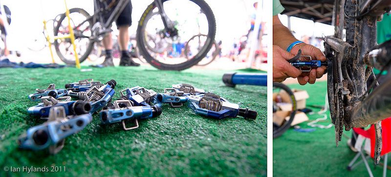 A big pile of Crank Brothers pedals at the Santa Cruz booth. Crank Brothers sponsored the event providing pedals for all the people with their clips that didn t want to bring their own.