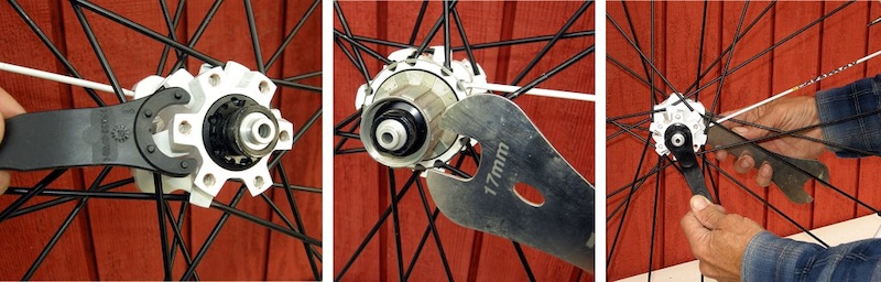 Starting on the rear hub locate the nubs on the Mavic bearing adjustment tool and note that they engage the inner flange on the left side. The left-side endcap is only held in by an O-ring. If it won t pull off by hand then slip the 17mm cone wrench over the endcap on the drive-side of the rear axle and then unscrew the bearing adjustment flange. This will press off the left-side cap.
