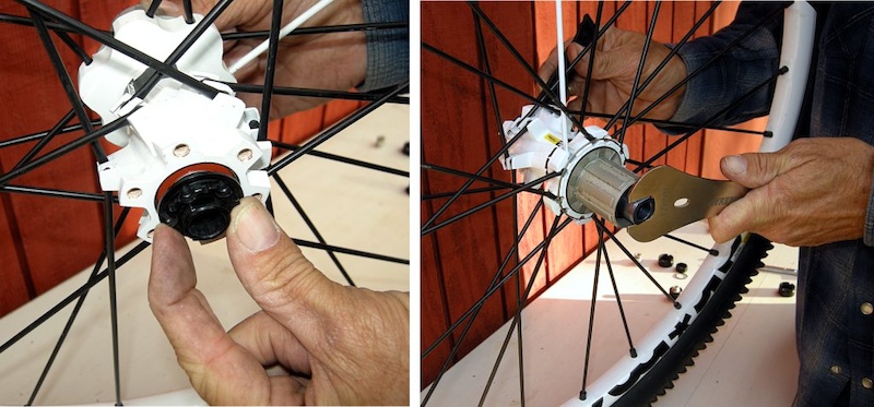 Thread in the left-side bearing adjustment flange finger tight. Use the Mavic bearing adjustment tool and the 17mm cone wrench to set the bearing preload just tight enough so there is no end play and the axle runs friction free in the hub.