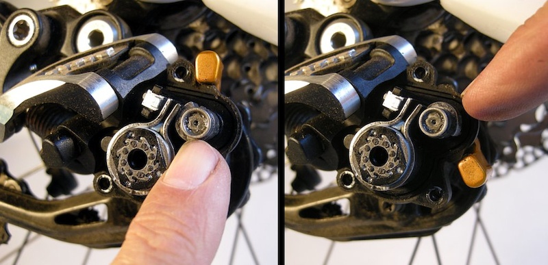 How the clutch-lever cam operates Flipping the gold lever upwards left rotates a cam that squeezes the brake band tighter over the clutch cylinder. Rotating the lever downwards right takes pressure off the friction band. The snail-shell design of the cam allows it to remain in position anywhere in between.