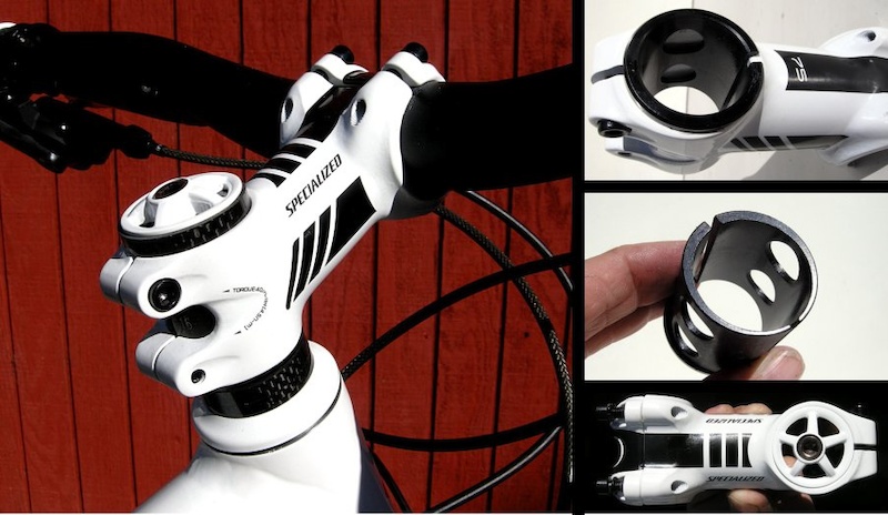 Specialized inserts an offset sleeve into the stem s steerer-tube clamp. The sleeve is flanged on the lower side where it meets the headset spacer. The sleeve s offset bore is easy to make out when it is outside the stem - reversing it 180 degrees increases or decreases the stem angle. The wagon wheel stem cap is offset at its center so the adjustment bolt will line up correctly.