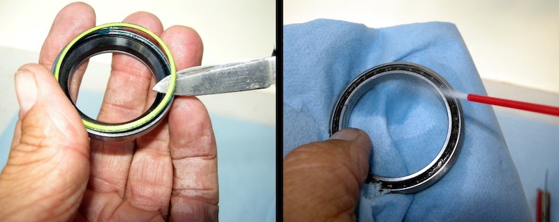 Photo 5 - Repeat the previous steps with the upper bearing and then use solvent or spray degreaser to remove all grease and grime from the bearing. Spin the bearing to help free up the gunk.
