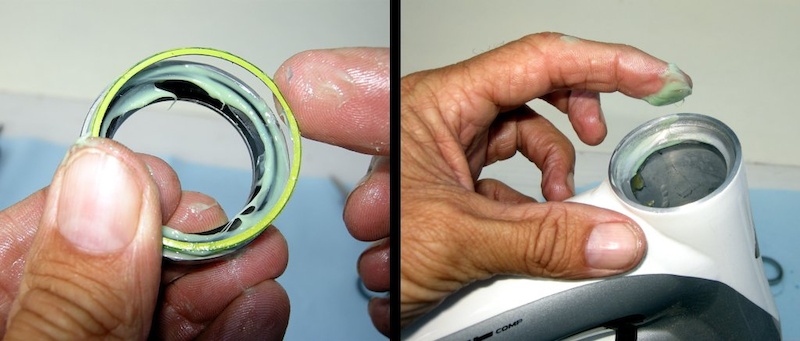 Photo 7 - Pack and replace the seal of the upper bearing and then use your greasy fingers to apply a thin coat on the head tube sockets.