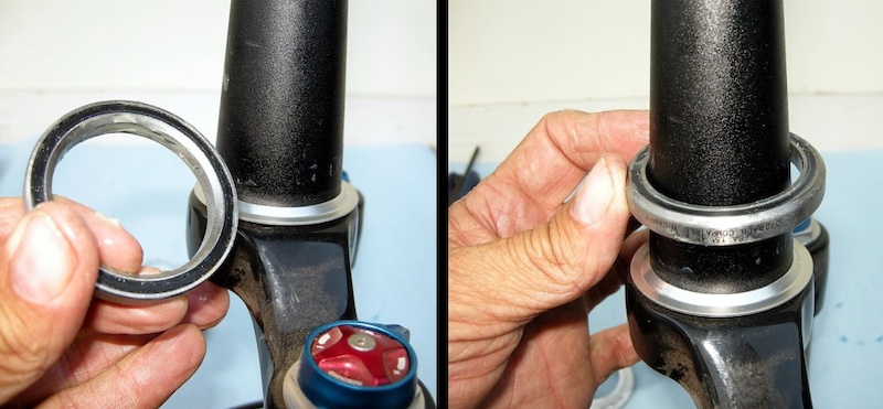 Photo 8 - The inner diameter of the lower race is tapered in one side to mate with the fork s crown race fitting. Make sure that the taper faces down and slide the lower bearing onto the fork s steerer tube.