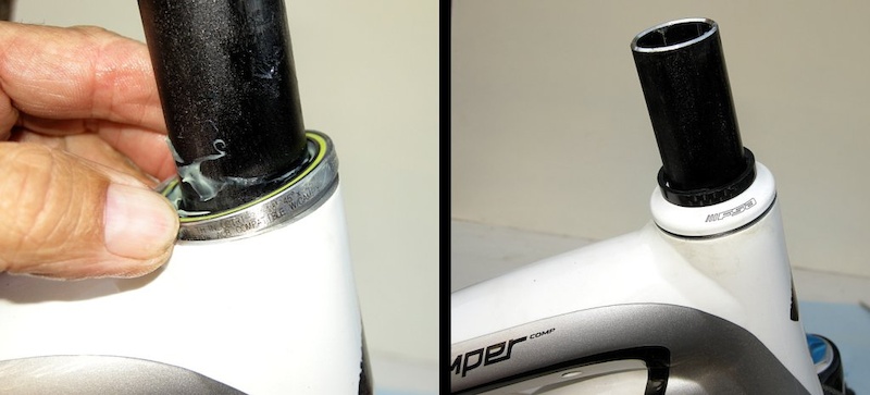 Photo 11 - Slide the upper bearing over the steerer tube and into the frame then slip the headset wedge and cap over it to hold the assembly in place. There should always be one spacer between the cap and the stem.