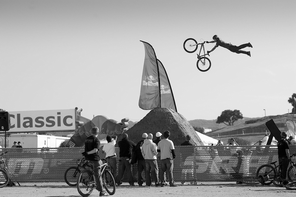 Paul Basagoitia a few years back, and on one of those days when the winds weren't gail force. Providing a dirt home to the slopestyle crew at Sea Otter is not easy, given the unpredictable weather that rolls through. Going artificial surface was a good idea