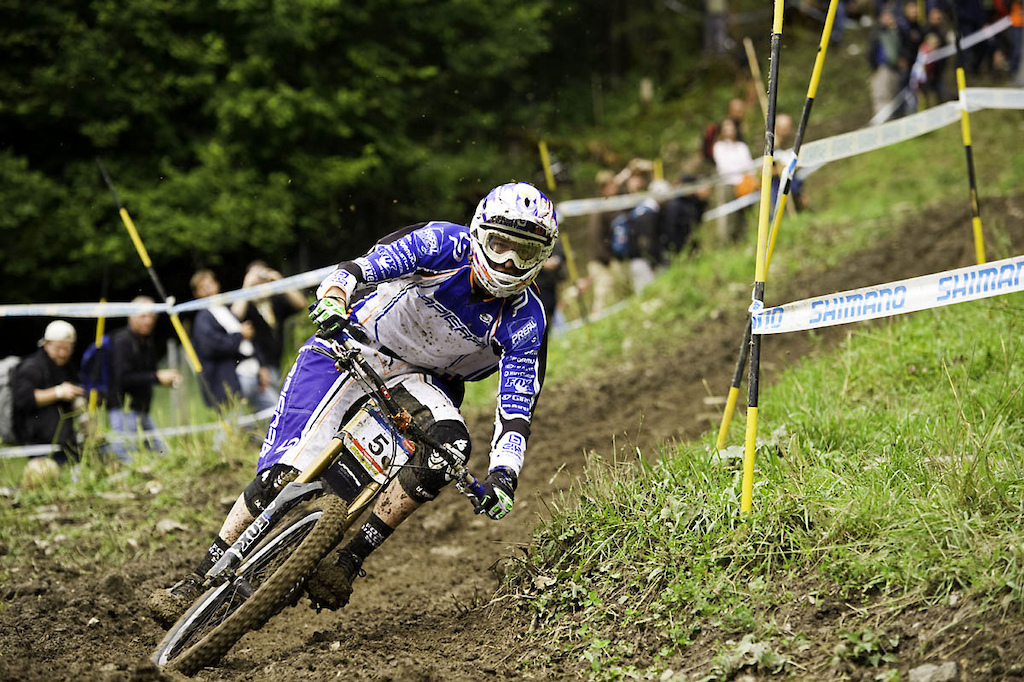 Racing for the win at Champery 2010 World Cup DH race.
