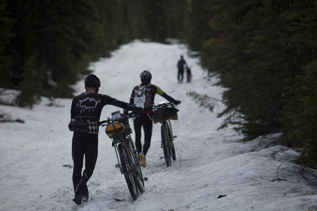 Making their way off Stryker Pass 11 miles of hike-a-bike through snow.