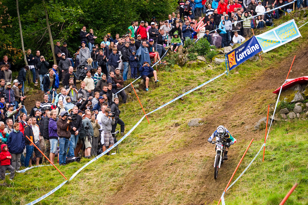 Andrew Neethling took his Trek wind tunnel testing seriously--it s not often you see a racer this tucked for speed in this kind of a mine field. But when you throw away six seconds on the top of the course you do what you can to try and pull it back.