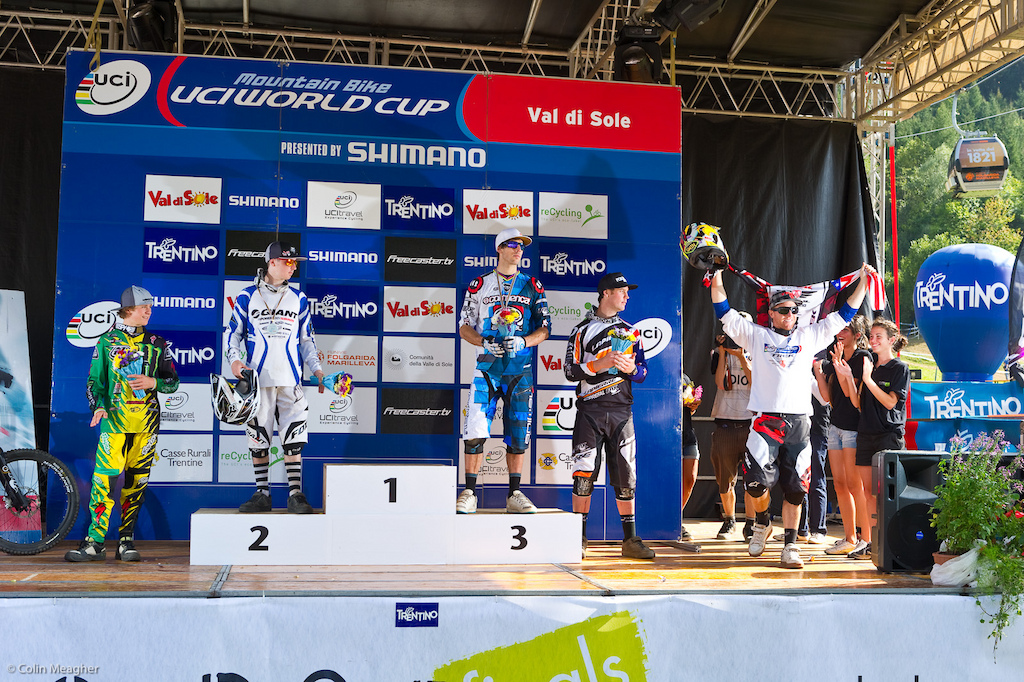Aaron Gwin taking the historic fifth win for a 7 race World Cup season. Brosnan 4 Danny Hart 2 Gee Atherton 3 Cam Cole 5 and Aaron Gwin 1 .