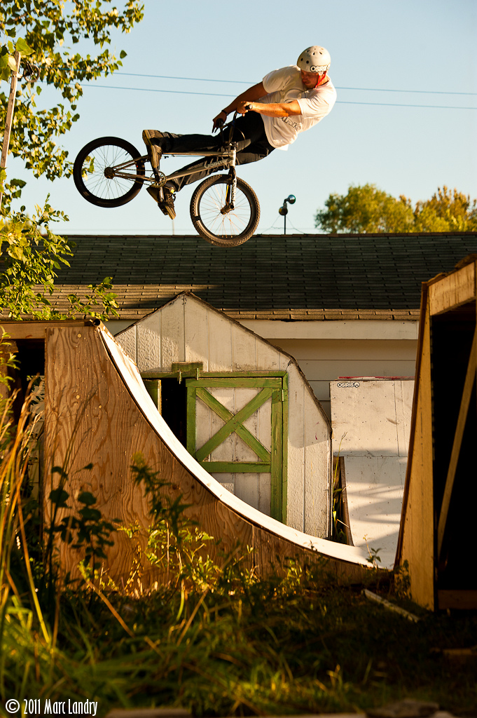 Matt riding his homemade ramps int The Yard.