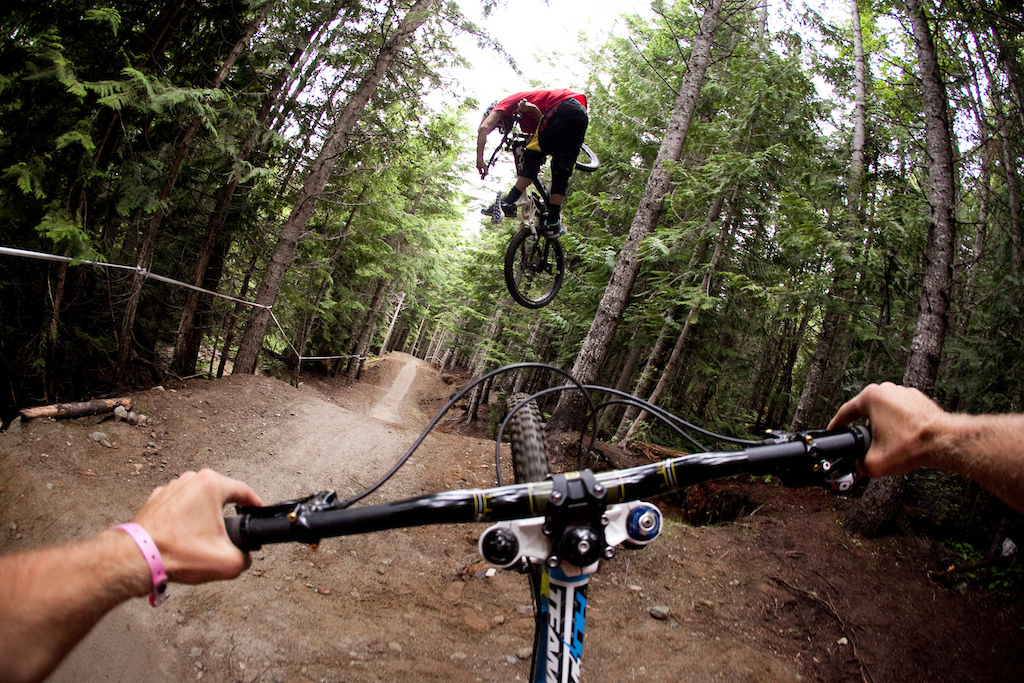 R-Dog and AT riding A-line in Whistler. Photo of the Year submission. Justin Olsen Deep Summer 2011