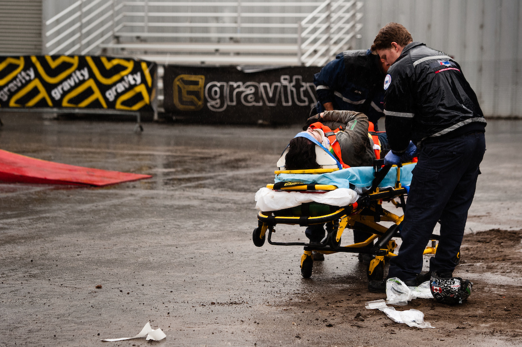 Mitch Chubey overshot the first drop and had his hand blow off his grips resulting in a harsh crash amp possible concussion. He was taken to a nearby hospital to get checked out and was cleared shortly after. Glad you re okay Chubs 