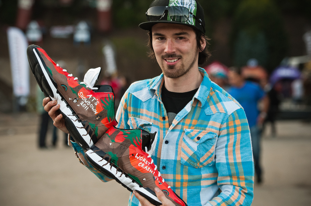 Mitch Chubey s practice crash scored him the best crash award a pair of size 20 Adidas sneakers with custom carnage paint job.
