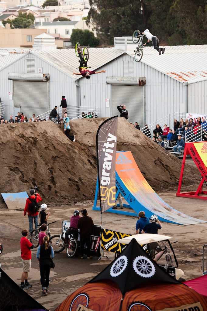 Andrew Taylor and James Visser go richter on the first jump line in the finals.
