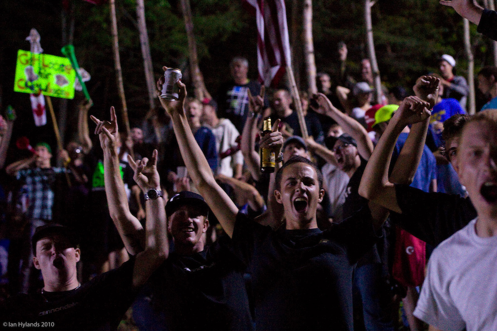 Spectators cheering at 4X at Mountain Bike World Championships at Mt Saint Anne in Quebec.