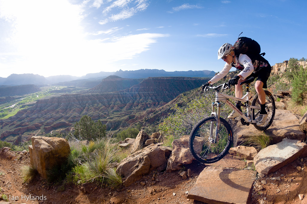 Katrina Strand riding the Grafton Mesa Trail near Rockville in Utah.