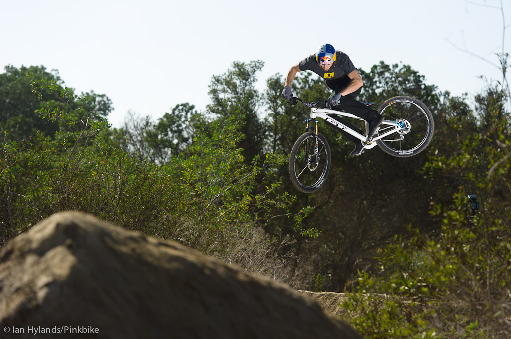 Gee Atherton rides his new GT hardtail for the first time at the Sheep Hills Trails in California