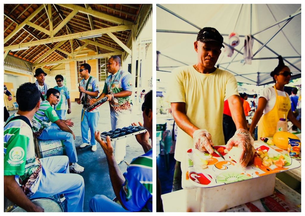 Brazilian culture. Hand drum band and the delicious acai ice cream stand.