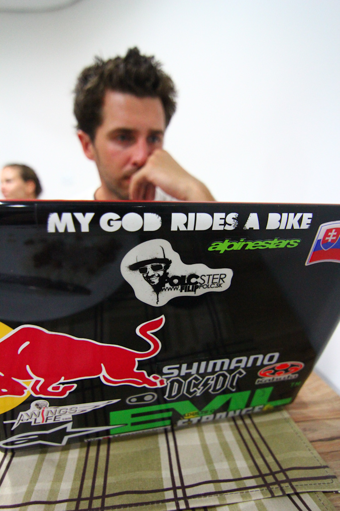 Polcster examining GoPro footage the night before race day.
