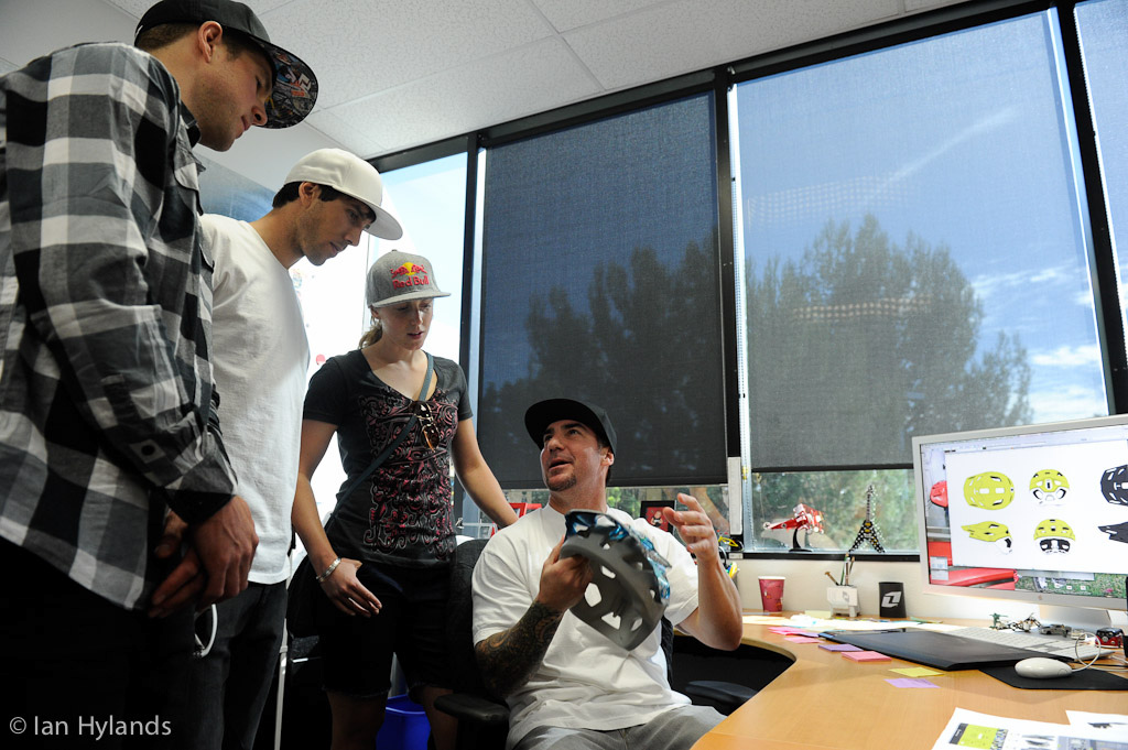 Moe Bennett creative director goes over some new helmet ideas with the Athertons