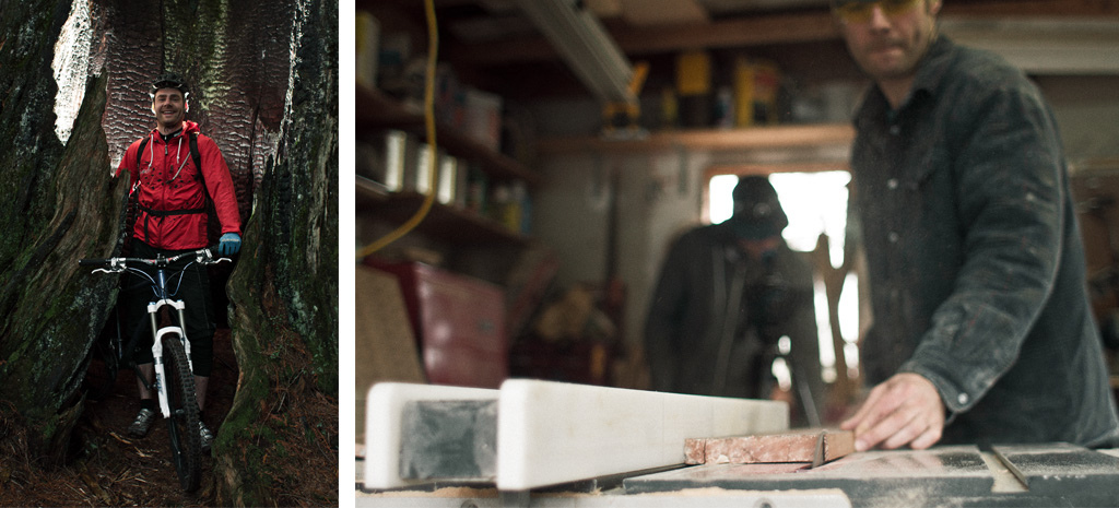 Inside the burned stump. Connor filming as Fishman squares up some wood.
