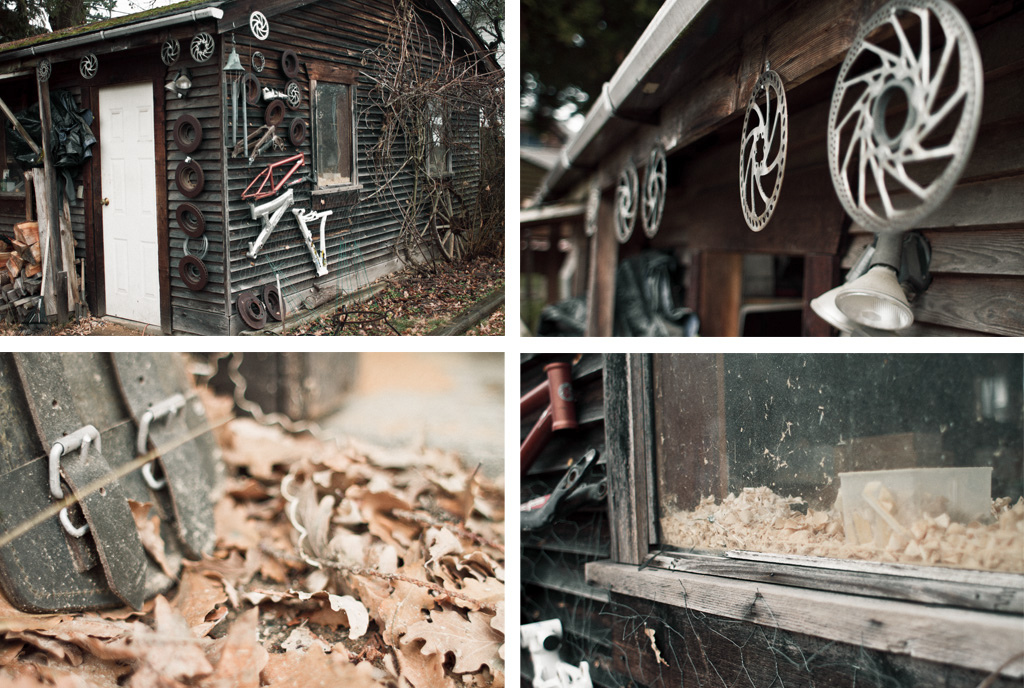 The Shop some rotors some leaves with a military shovel wood chips on the window sill.